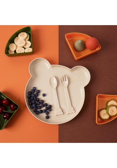 Tucklebery Buddy Ayıcık Mama Tabağı Seti – Yeşil, Sarı, Bej | Çatal-Kaşık + 5 Bölmeli, Eğlenceli & BPA İçermez, Güvenli Mama Tabağ