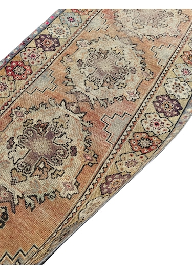 El Dokuma Vintage Eskitme Maden Halısı 94x300 Yün 3 Metre Yolluk Renkli