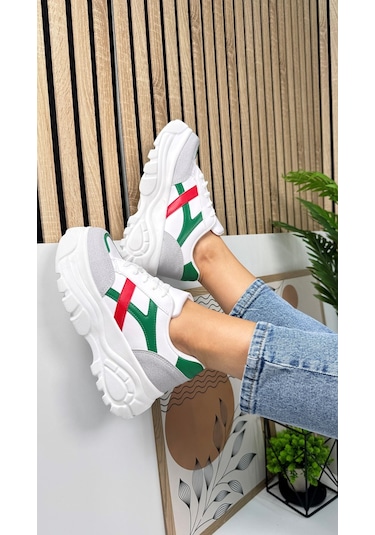 Günlük Kadın Sneaker Kalın Yüksek Taban Bağcıklı Rahat Tiger Şeritli Spor Ayakkabı 032 08-taş Yeşil Kırmızı