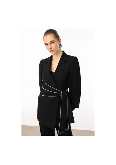 Moda İlgi Kadın Kolları Piliseli Şerit Aksesuarlı Ceket 5008 Siyah Siyah