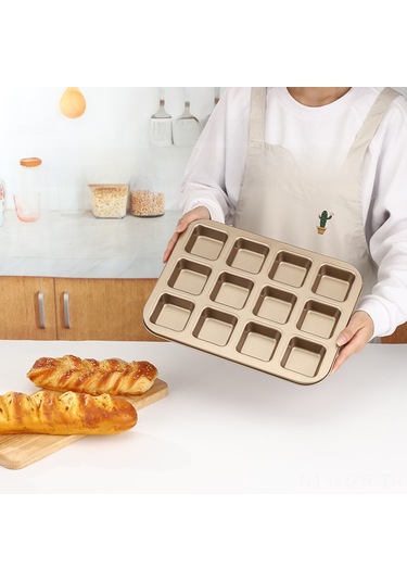 Geeroyoo Altın Renkli 12 Lü Dalgalı Kare Fırın Tepsisi, Karbon Çelik Materyal, Anti Yapışkan, Pasta-puding-ekmek Pişirme Aleti Diğer