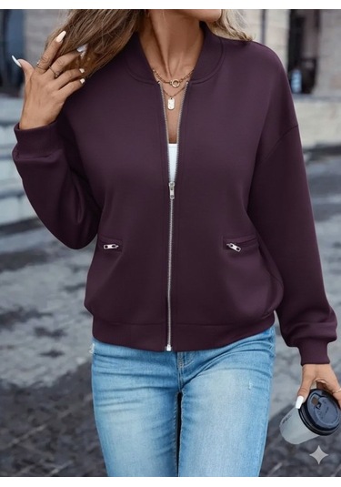 Kadın Uzun Kollu Önden Fermuarlı Cepli Modal Mürdüm Ceket Mürdüm