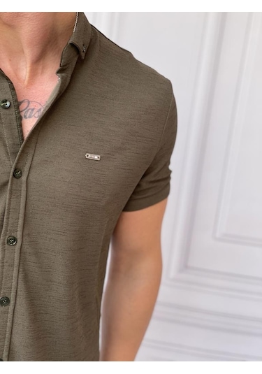Modefendi Slim Fit Pamuk Örme Polo Yaka Kısa Kollu Gömlek Haki