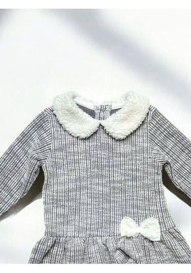 Çikoby Kız Bebek Peluş Detaylı Desenli Elbise-14889 Gri