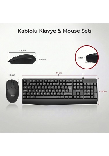 Philips SPT6237 Kablolu Türkçe Q Klavye ve Mouse Seti Siyah