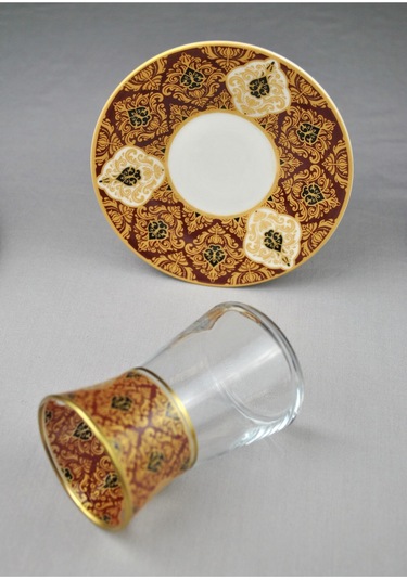 12 Parça 6 Kişilik Lüx Cam Çay Seti Gold Detaylı Altın Renk İşlemeli Lüks Çay Takımı Turuncu