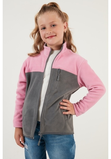 Lela Yumuşak Dokulu Fermuarlı Renk Bloklu Dik Yaka Cepli Hırka Unisex Çocuk Polar 5905001 Şeker Pembe-Gri