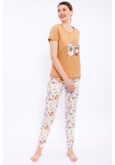 Pierre Cardin But First Coffee Camel Kadın Pijama Takımı 5274-29062 Camel