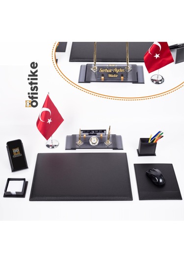 Varta Deri Sümen Takımı Türk Bayraklı Ahşap Masa Isimlik