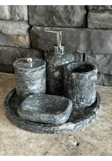 Uludağ Siyahı Mermer 5'li Banyo Seti Beyaz