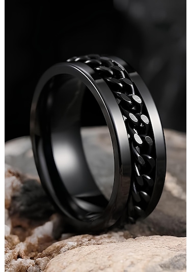 Ortası Dönebilen Zincirli Erkek Kadın Anti-stres Çelik Alyans Yüzük Cl43 Mavi - Siyah