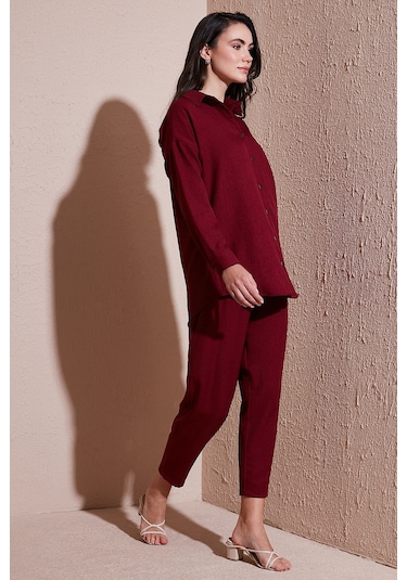Lela Keten Karışımlı Regular Fit Lastikli Bel Uzun Kollu Alt Üst Bayan Takım 6696622 Bordo