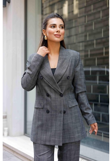6 Düğmeli Kruvaze Ekose Takım Gri Gri