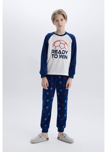 DeFacto Erkek Çocuk Polar Pijama Takımı Bisiklet Yaka Baskılı Uzun Kollu Üst Beli Lastikli Uzun Alt D8600A824CWWT34
