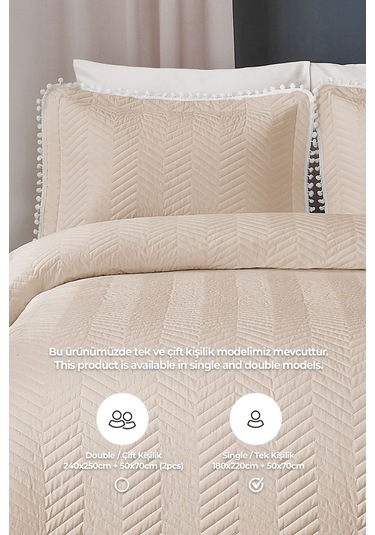 Evlen Home Ponponlu %100 Pamuk Tek Kişilik Günlük Yatak Örtüsü Pike Takımı Seti Bej