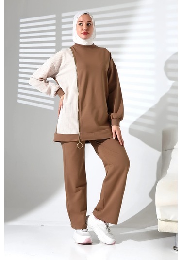 Kadın Mevsimlik Alt Üst Rahat Kahverengi Spor Ikili Tunik Pantolon Şık Tesettür Takım Kahverengi