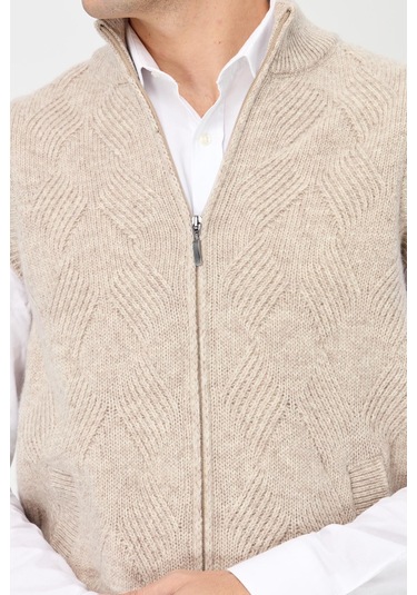Erkek Dik Yaka Baklava Desenli Yün Yelek V.bej V.bej