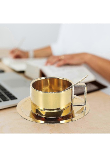 Kahve Kupası Paslanmaz Çelik Kahve Kupası Bardak Kaşık Tabağı Ofis Kupası