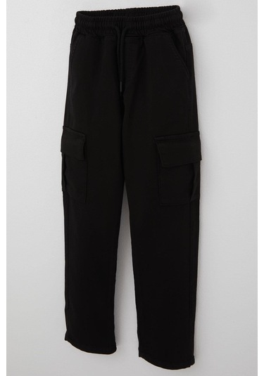 Breeze Erkek Çocuk Pantolon Kargo Cepli Beli Lastikli 6-10 Yaş, Siyah Siyah