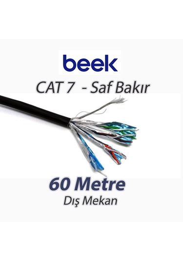 Beek Cat7 Saf Bakır S/ftp Awg23 Spe Dış Mekan Data Kablosu, Siyah Renk 60 Mt