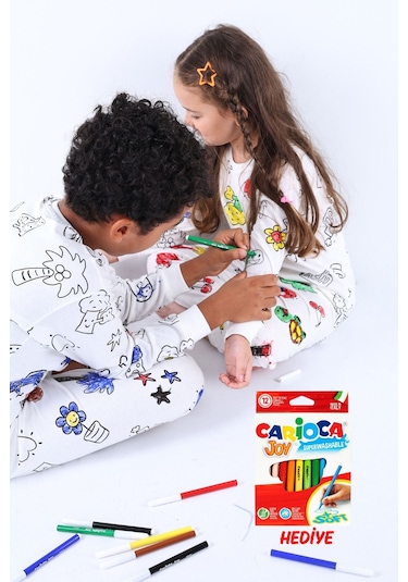 Zuzunga En Sevimli Figürler Özel Kalemi İle Boyanabilir Çocuk Pijama Takımı 12'li Kalem Seti Hediye Beyaz1 Beyaz