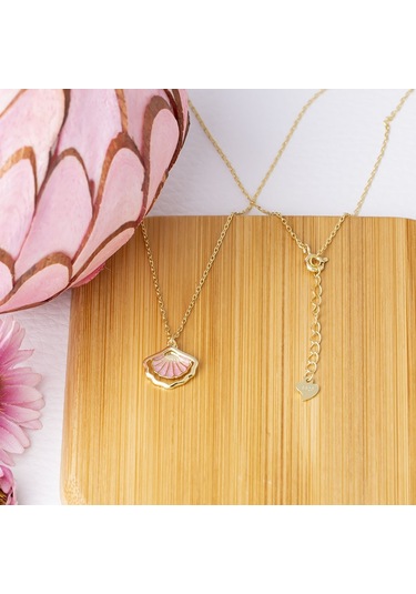 Deniz Kabuğu Model Pembe Mineli Gold Rengi 925 Ayar Gümüş Kadın Kolye Gold