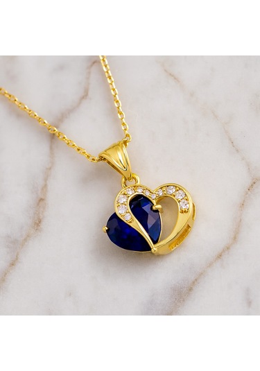 14 Ayar Altın Kalp Kesim Doğum Taşı Kolye Kişiye Özel Renkli Taş Tasarımı Altın