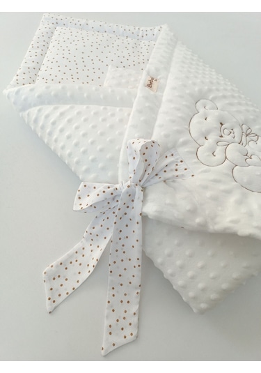 Nohut Bebek Battaniyesi & Kundağı Ayıcık İşlemeli Hastane Çıkışı Yenidoğan Örtü / Yorgan Ekru