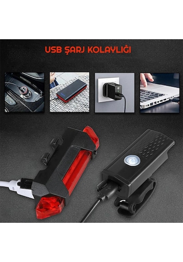 Exeo Led Bisiklet Ön Ve Arka Ikaz Işığı Far 3 Modlu Su Geçirmez Siyah - Kırmızı