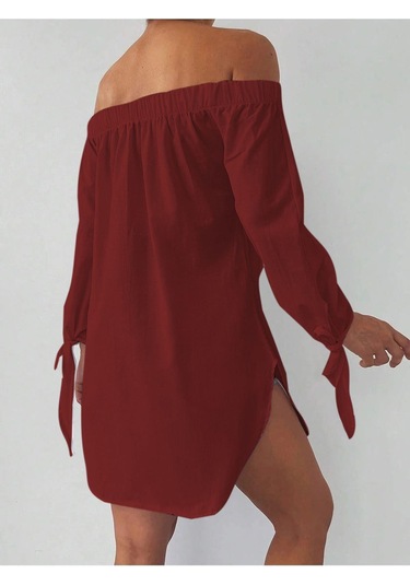 Kadın Madonna Yaka Kol Detaylı Bordo Elbise Bordo