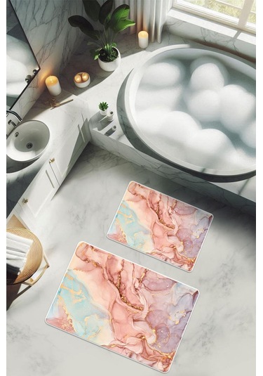 Yıkanabilir Kaymaz Tabanlı Modern Desenli 2'li Banyo Paspas Takımı Bps0034 Renkli