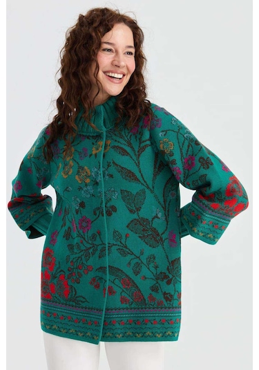 Desen Triko Kadın Dik Yaka Sarmaşık Çiçekli Yün Ceket 23017 A.ö. Başı Çok Renkli