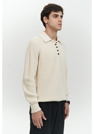 Vander Düğme Detay Ekru Erkek Triko Kazak Ekru