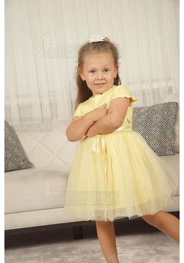 Tüllü Baskısız Düz Üst Kısım Ribana Alt Kısım Astarlı Tütü Etek Kız Çocuk Prenses Kısa Kollu Elbise Sarı