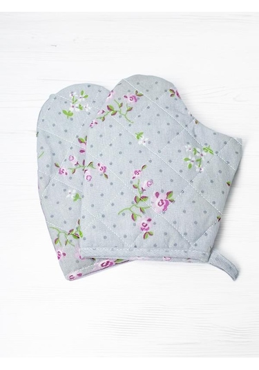 Çiçek Baskılı Gri Yanmaz Çift Fırın Eldiveni