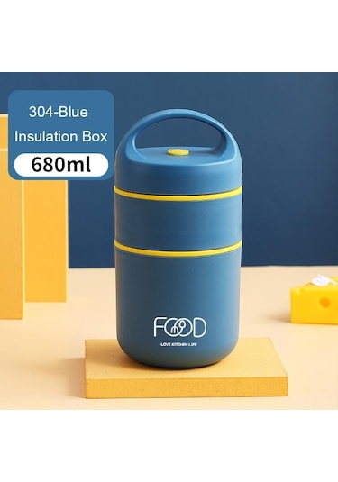 Mavi 304 Paslanmaz Çelik Vakum Termal Öğle Yemeği Kutusu 680 Ml
