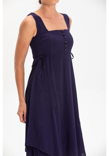 Kolsuz Şile Bezi Üçgen Katlı Midi Boy Elbise Mor Mor