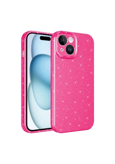 Apple iPhone Uyumlu 15 Plus Kılıf Kamera Korumalı Simli Lüks Zore Koton Kapak Pembe Koyu