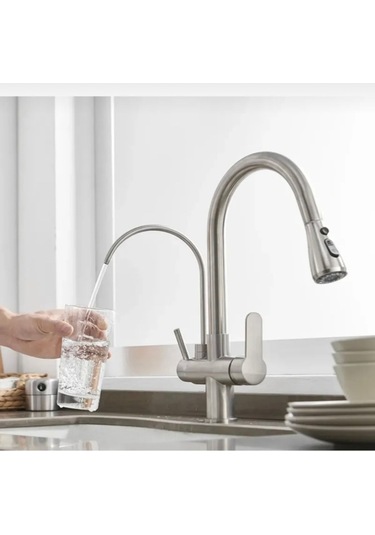 İsaoğlu Yapı Mat Krom Mutfak Bataryası Arıtıcılı Spiralli Armatür Tazzik Ve Spreyleme Mod Batarya Krom