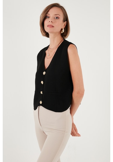 Lela Standart Fit V Yaka Düğmeli Triko Bayan Yelek 4616177 Siyah