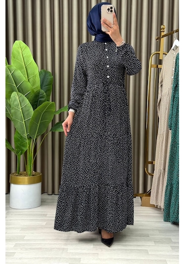 Kadın Puantiyeli Siyah Renk Viskon Kumaş Ön Düğmeli Ayarlanabilir Kuşaklı Tesettür Elbise Siyah