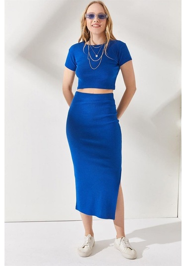 Kadın Saks Mavisi Yazlık Yırtmaçlı Esnek Etek Crop Takım