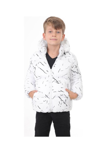 Erkek Çocuk Beyaz Çıkabilir Kapüşonlu Su Ve Rüzgar Geçirmez Cepli Kışlık Şişme Mont Beyaz