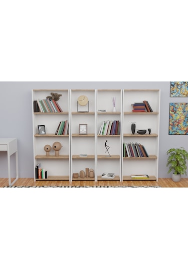 5 Raflı Kitaplık Seti 2 Dar 2 Geniş Raf Kütüphane Beyaz - A.çam