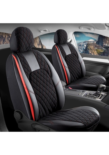 Toyota Avensis Lüx Yarı Deri Oto Koltuk Kılıfı Ön Arka Takım Chester Siyah Kırmızı