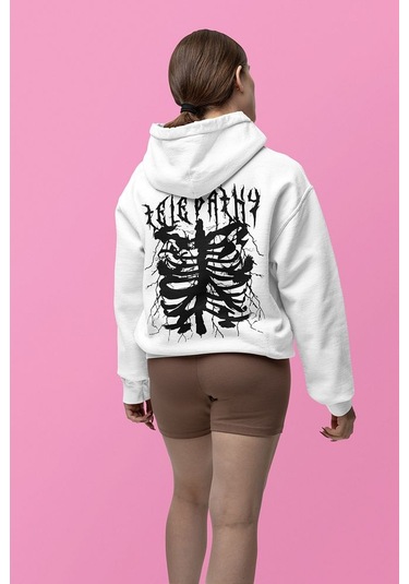 Sevbano Telepathy Baskılı Unisex Oversize Tasarım Hoodie Beyaz