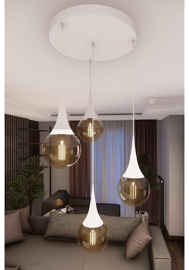 Liora Modern Beyaz Metal Avize - Bal Cam, 4'lü Sarkıt, E27 Duy,