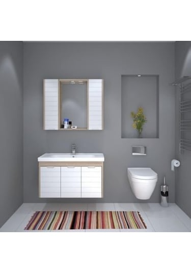 Denko Mostar 90 Cm Beyaz Mdf Lake Banyo Dolabı Takımı Beyaz