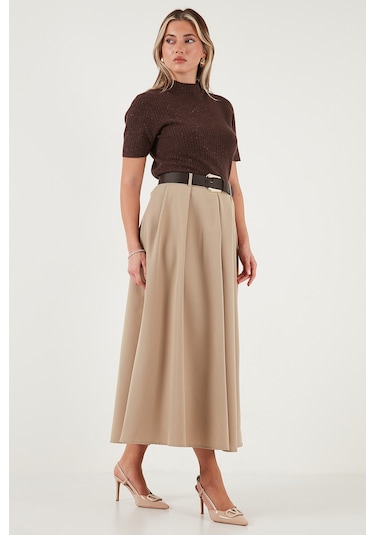 Lela Modest Kemerli Comfort Fit Yüksek Bel Pileli Kloş Uzun Tesettür Bayan Etek 6833360 Camel