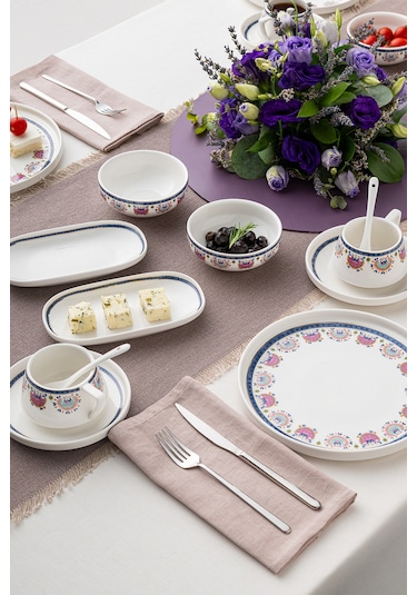 Emsan Ethnic Pink Porselen 32 Parça 6 Kişilik Kahvaltı / Servis Beyaz